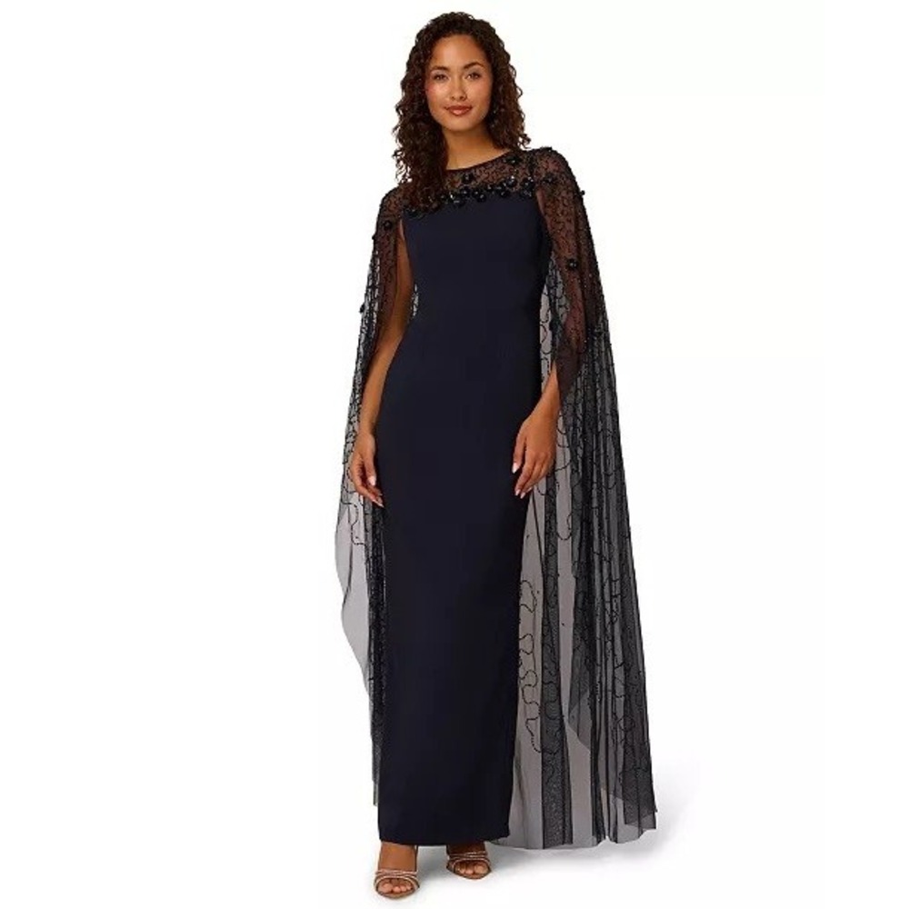 NWT Adrianna Papell Gown Womens Navy Beaded Floral Cape Sleeve Dress 10 $299